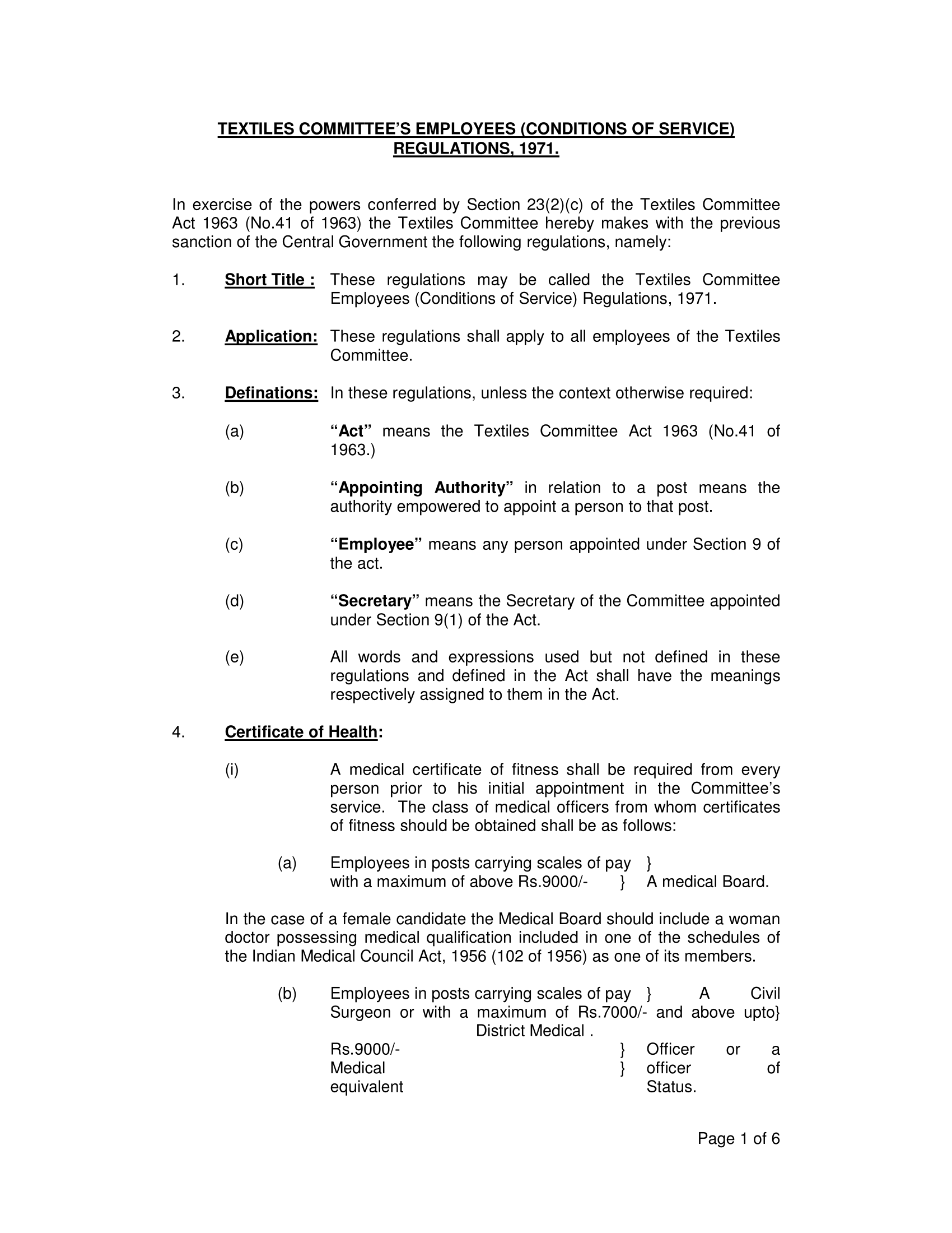 Textile Committee Employees (Conditions of Service)